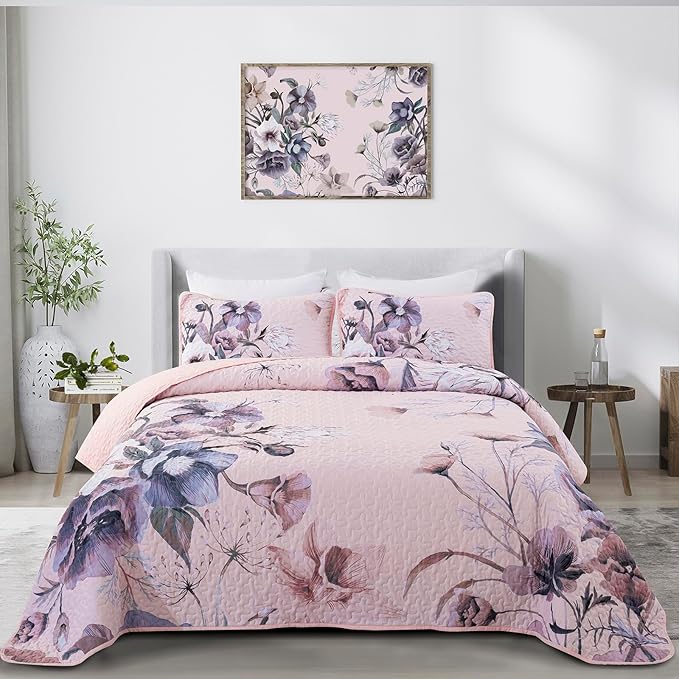Floral Quilt Set Queen 3 Pieces Pink Floral Quilt Coverlet Set Soft Microfiber Lightweight Pink Quilted Bedspread for All Season 90"x96"