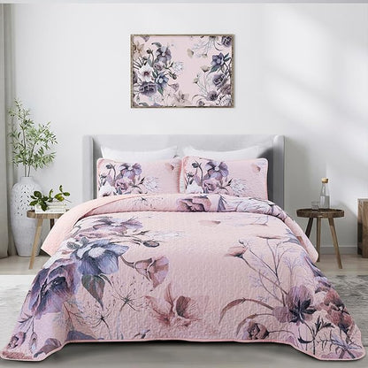 Floral Quilt Set Queen 3 Pieces Pink Floral Quilt Coverlet Set Soft Microfiber Lightweight Pink Quilted Bedspread for All Season 90"x96"