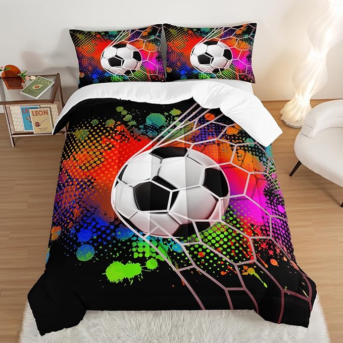 Soccer Bedding Set King Size,Sports Comforter Sets for Boys,Football Rushing Out of The Goal Pattern Bedding Sets for Kids Room Decor,Watercolor Tie Dye Bed Comforter Sets with 2 Pillowcases.