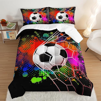 Soccer Bedding Set King Size,Sports Comforter Sets for Boys,Football Rushing Out of The Goal Pattern Bedding Sets for Kids Room Decor,Watercolor Tie Dye Bed Comforter Sets with 2 Pillowcases.
