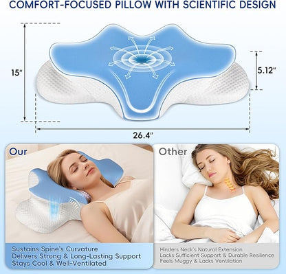 Cervical Neck Pillow for Pain Relief, Ergonomic Contour Pillow for Sleeping, 2 Heights Cooling Pillow for Neck and Shoulder Support, Memory Foam Orthopedic Pillow for Side Back Stomach Sleepers Blue