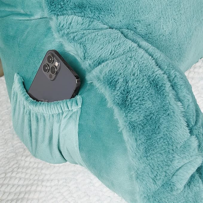 Plush Faux Fur Backrest Reading Bed Rest Pillow with Arms and Pockets for Sitting in Bed Couch Sofa, Back Support Wedge Cushion with Removable Cover, 20" x 18" x 17", Aqua