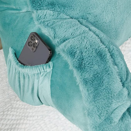 Faux Fur Assembly Need DIY Extra Large Backrest Reading Bed Rest Pillow with Arms and Pockets for Sitting in Bed Couch Sofa, Removable Cover & Filling Seprated, 28" x 30" x17", Aqua Blue