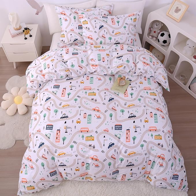 JSD Cars Kids Duvet Cover Set Twin Size, 2 Piece Soft Printed Microfiber Comforter Cover with Pillow Sham Zipper Closure, Comforter Not Included