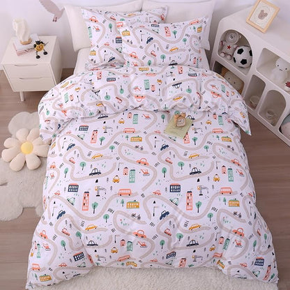 JSD Cars Kids Duvet Cover Set Twin Size, 2 Piece Soft Printed Microfiber Comforter Cover with Pillow Sham Zipper Closure, Comforter Not Included