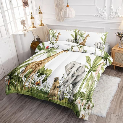 QOOMO Elephant Giraffe Monkeys Comforter Full Size,Wild Animals Kids Comforter Set,3Pcs Bedding Set Printed Comforter with 2 Pillowcases,Down Alternative,Soft and Lightweight,for All Seasons