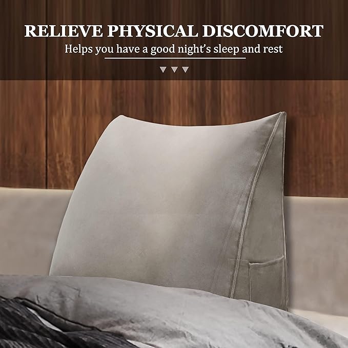 Triangular Reading Pillow Wedge Headboard Back Support Pillow for Sitting up in Bed Daybed Bolster Backrest Couch Sofa Corner Cushion Medium Velvet Taupe