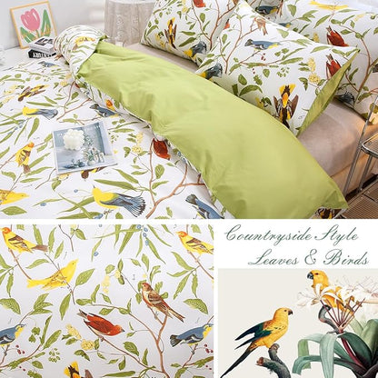 URBONUR Birds Duvet Cover Set Twin Size, 100% Cotton Cute Bird Comforter Fall Leaf Printed Bedding Set for Kids Children, Breathable Duvet Cover Sets Bedding 3 Pc