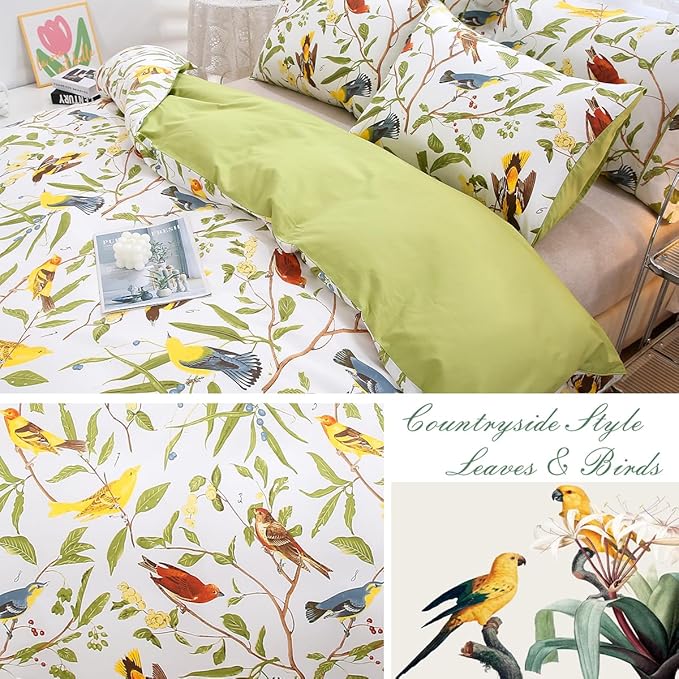 URBONUR Duvet Cover Full Size - 100% Cotton Leaves Birds Floral Full Bedding Set Soft & Breathable Green Comforter Cover with 2 Pillowcases, Button Closure Corner Ties