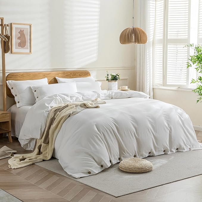 JELLYMONI Cotton Duvet Cover Oversized King Size - Bright White Comforter Cover with Button 100% Washed Cotton 3PCS Breathable Soft Solid Bedding Set Duvet Cover 120×98in & 2 Pillowcases (NO Insert)