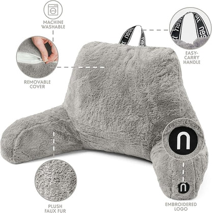 Nestl Fur Reading Pillow with Laptop Lap Desk, Stylish Back Pillow for Sitting Up, Lap Desk with Reading Pillows for Sitting in Bed Adult & Kids, Faux Fur Chair Pillow with Arms - Grey