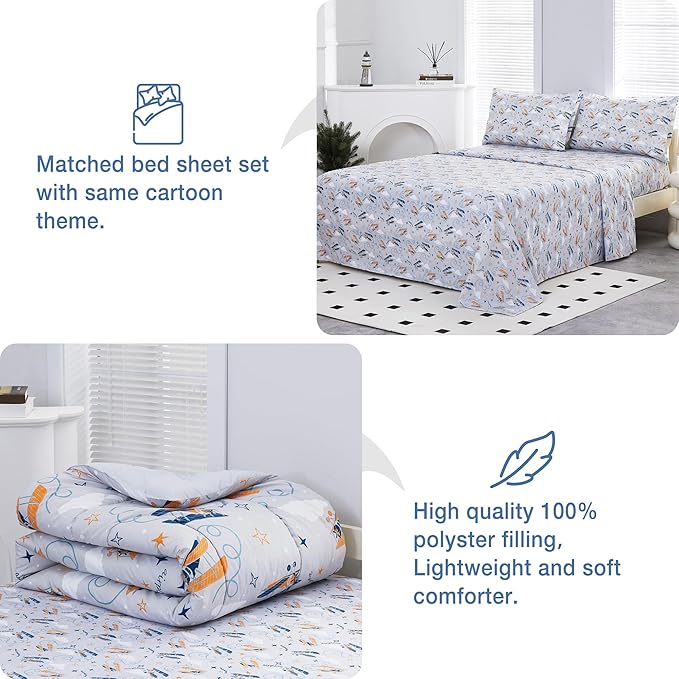 Mooreeke Twin Size Comforter Sets for Boys Kids, 6 Pieces Bed in a Bag Grey Glider Bedding Comforter Sheet Set with Shams and Decorative Toy Pillow, Ultral Soft Microfiber Kids Bed Set