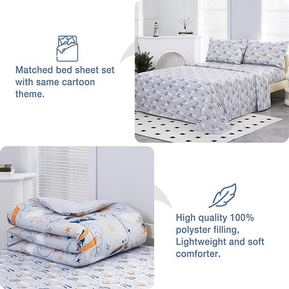 Mooreeke Twin Size Comforter Sets for Boys Kids, 6 Pieces Bed in a Bag Grey Glider Bedding Comforter Sheet Set with Shams and Decorative Toy Pillow, Ultral Soft Microfiber Kids Bed Set