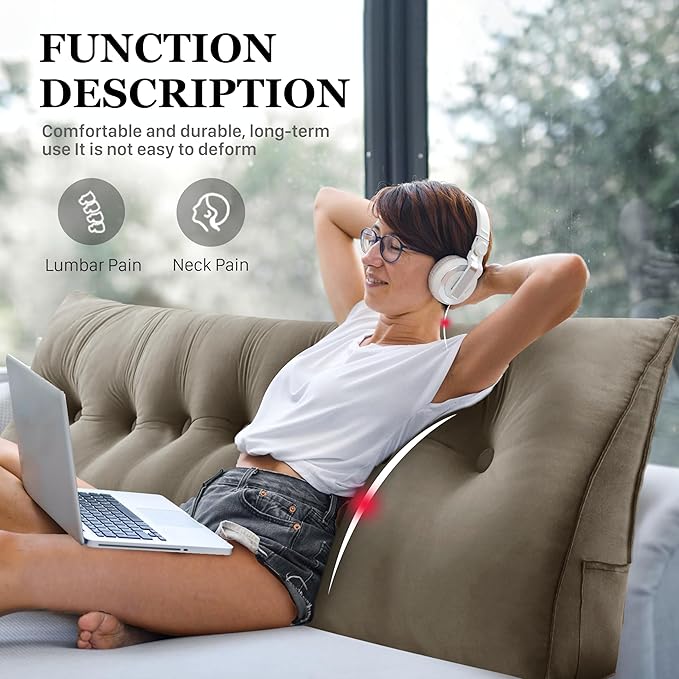 14 lbs Thickened King Wedge Pillow Headboard Body Positioner Bed Wedge Pillow Backrest Support Triangular Headboard Cushion with Side Pocket Velvet Positioning Support Taupe