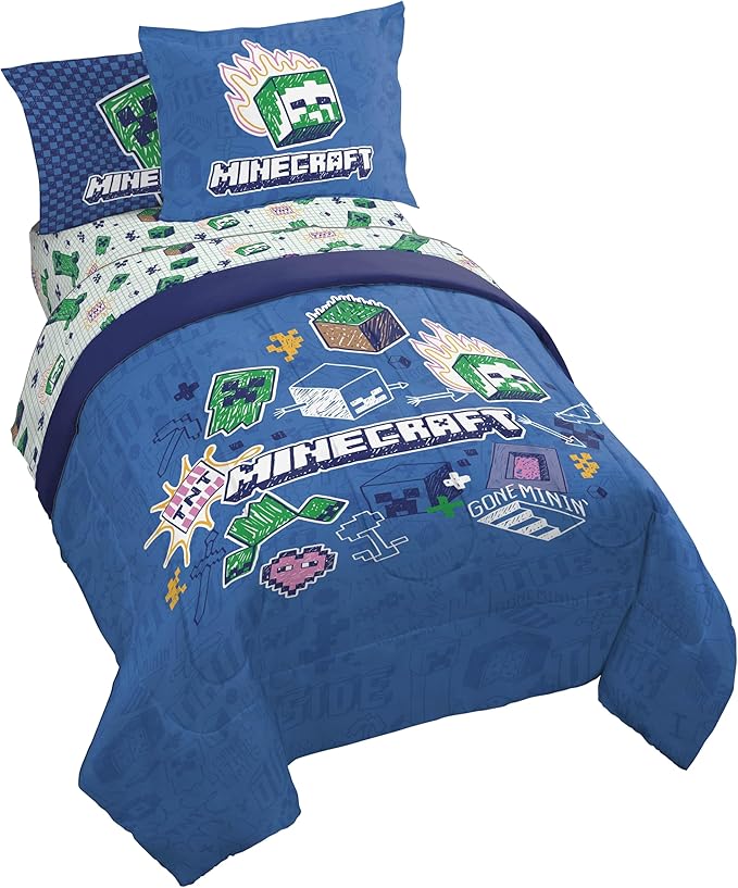 Jay Franco Kids Comforter Set Includes Sheets and Pillow Covers - Soft and Cozy Bed Set for Stylish Room Decor, Blue - Minecraft 02, 5 Piece Twin Bedding