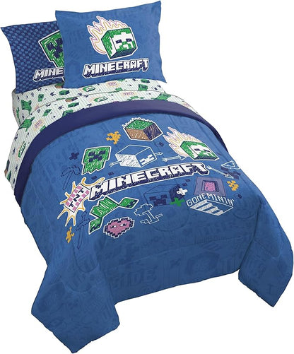 Jay Franco Kids Comforter Set Includes Sheets and Pillow Covers - Soft and Cozy Bed Set for Stylish Room Decor, Blue - Minecraft 02, 5 Piece Twin Bedding