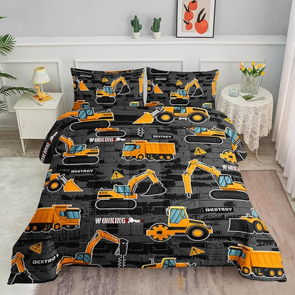 Truck Comforter Set Crane Excavator Engineering Vehicle Printed Bedding Set with 1 Comforter and 2 Pillowcases for Boys and Girls Bedroom All Season(Truck Full)