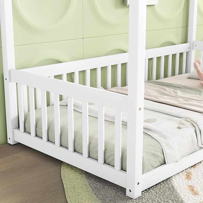 MERITLINE Full Canopy Bed Frame with Fence,Solid Wood Montessori Floor Bed with Guardrail, Easy to Assemble (White)