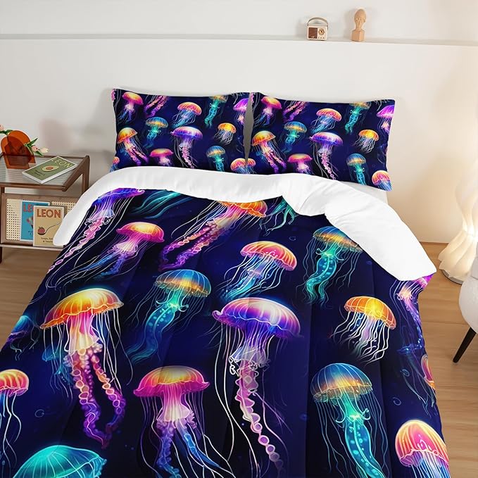 Beach Bedding Colorful Jellyfish Print Twin Size Comforter Set,Glowing Jellyfish Comforter Set for Kids Girls Boys Room Decor,Ocean Underwater Animal Bedding Set with 2 Pillowcases.