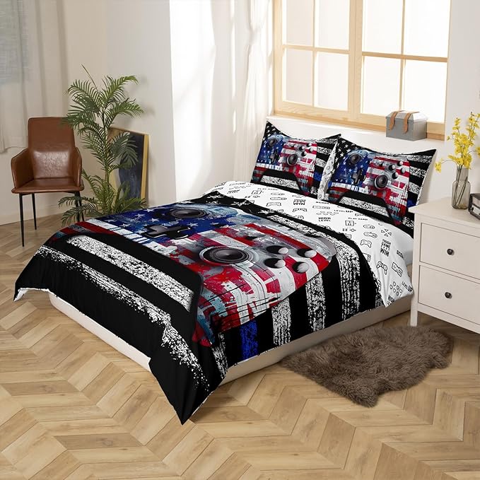 Boys Teens Gamer Duvet Cover Set Queen Size, Reversible American Flag Gamepad Print Video Games Theme Comforter Cover Game Room Decor, American Culture Bedding Sets with 2 Pillowcases, Black
