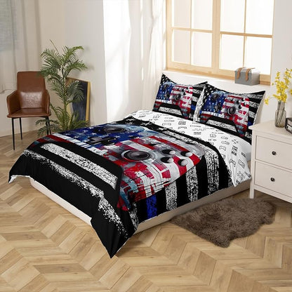 Boys Teens Gamer Duvet Cover Set Queen Size, Reversible American Flag Gamepad Print Video Games Theme Comforter Cover Game Room Decor, American Culture Bedding Sets with 2 Pillowcases, Black