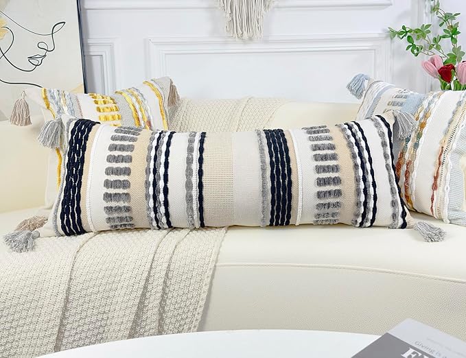 Chenille and Cotton Long Pillow for Bed, Striped Textured Boho Lumbar Throw Pillow Cover 16x36, Neutral Accent Decorative Extra Long Body Pillow Case for Couch, Sofa, Bedroom, Grey