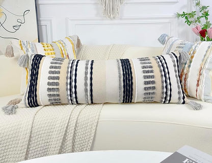Chenille and Cotton Long Pillow for Bed, Striped Textured Boho Lumbar Throw Pillow Cover 14x36, Neutral Accent Decorative Extra Long Body Pillow Case for Couch, Sofa, Bedroom, Grey