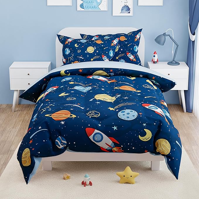 SANDJEST Outer Space Comforter Set Twin Size 68x86in for Kids Boys, Microfiber 3 Pcs Bedding Set Includes 1 Comforter, 1 Pillowcase, 1 Fitted Sheet, Nursery Room Decor