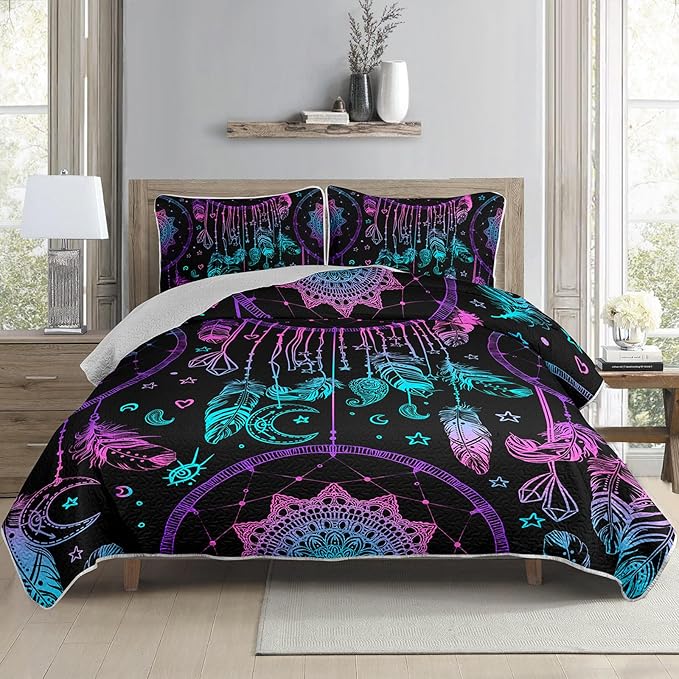 AILONEN Dreamcatcher Quilt Set King Size,Purple Blue Feather Print Bedspread Coverlet,Bohemian Mandala Bedding Set Printed with 2 Pillowcases,Soft and Lightweight