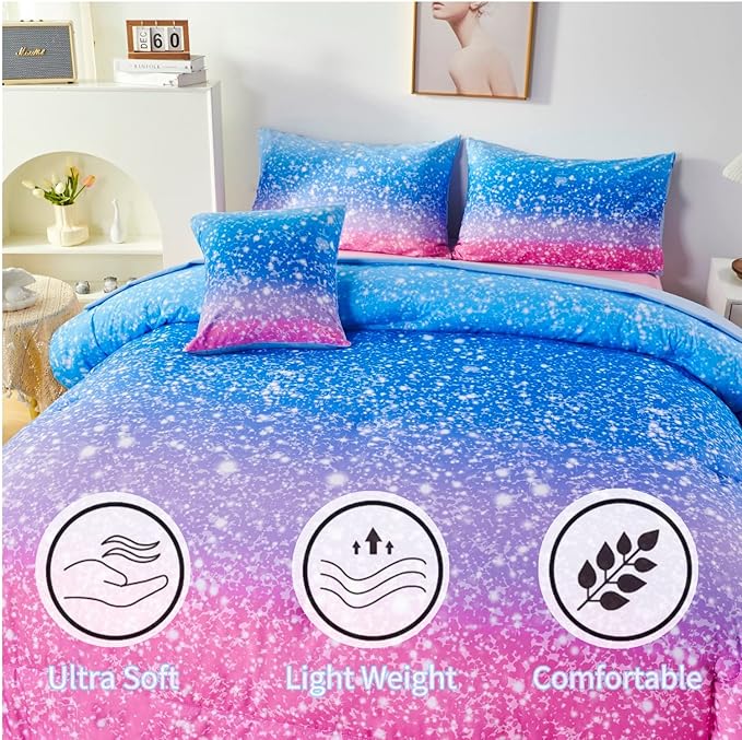RYNGHIPY 6Pcs Sparkle Gradient Glitter Comforter Sets, Ombre Indigo Pink Gradient Bedding Set for Boys Girls, Rainbow Bed in A Bag Full Size