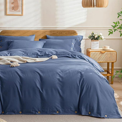 JELLYMONI Cotton Duvet Cover Queen Size - Blue Comforter Cover with Button 100% Washed Cotton 3PCS Breathable Soft Solid Bedding Set Duvet Cover 90×90in & 2 Pillowcases (NO Comforter)