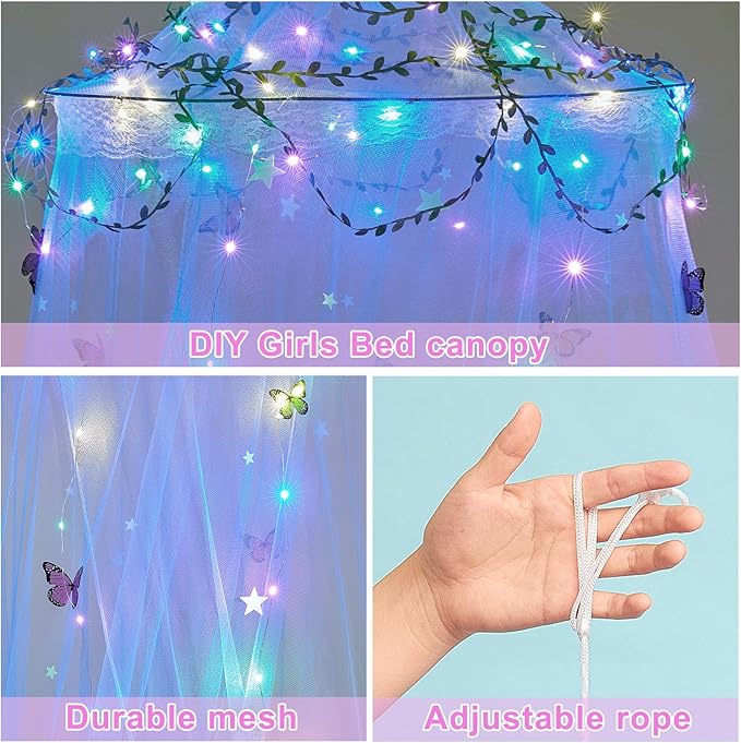 FIOBEE Bed Canopy for Girls Room Bed Canopy Curtains with Led Lights Mosquito Net DIY Princess Room Décor with Stars Butterflies for Kids Bedroom, Blue