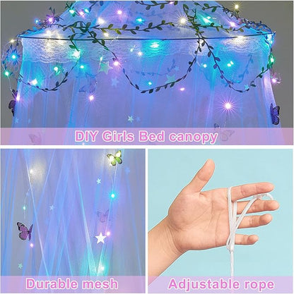 FIOBEE Bed Canopy for Girls Room Bed Canopy Curtains with Led Lights Mosquito Net DIY Princess Room Décor with Stars Butterflies for Kids Bedroom, Blue
