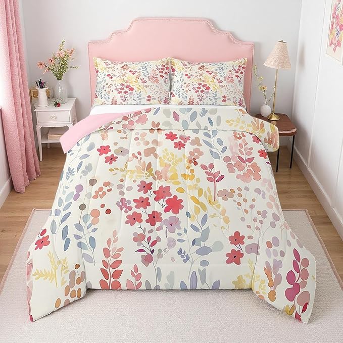Erosebridal Cute Red Floral Comforter Set Full Size,Boho Colorful Flower Bedding Set for Kids Girls Bedroom Decor,Watercolor Wild Flowers Quilt Bed Set Rustic Wildflower Bed Comforter Set 3Pcs