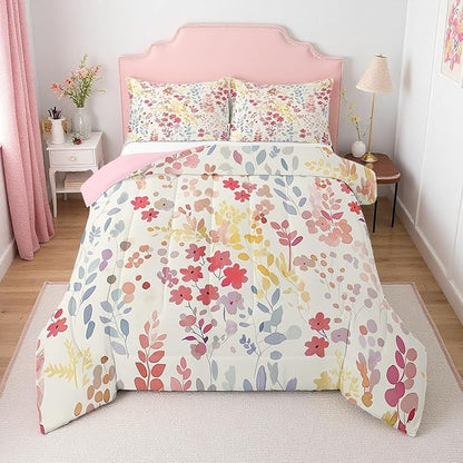 Erosebridal Cute Red Floral Comforter Set Full Size,Boho Colorful Flower Bedding Set for Kids Girls Bedroom Decor,Watercolor Wild Flowers Quilt Bed Set Rustic Wildflower Bed Comforter Set 3Pcs
