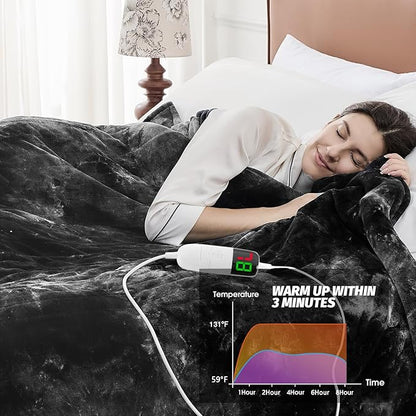 greenoak Heated Electric Blanket Full, Faux Fur Sherpa Heating Blanket for Sofa Bed, Warm Winter Gifts for Women/Men, Heater Lap Blankets 5-Position Timer &10 Heating Levels 72''*84" Black