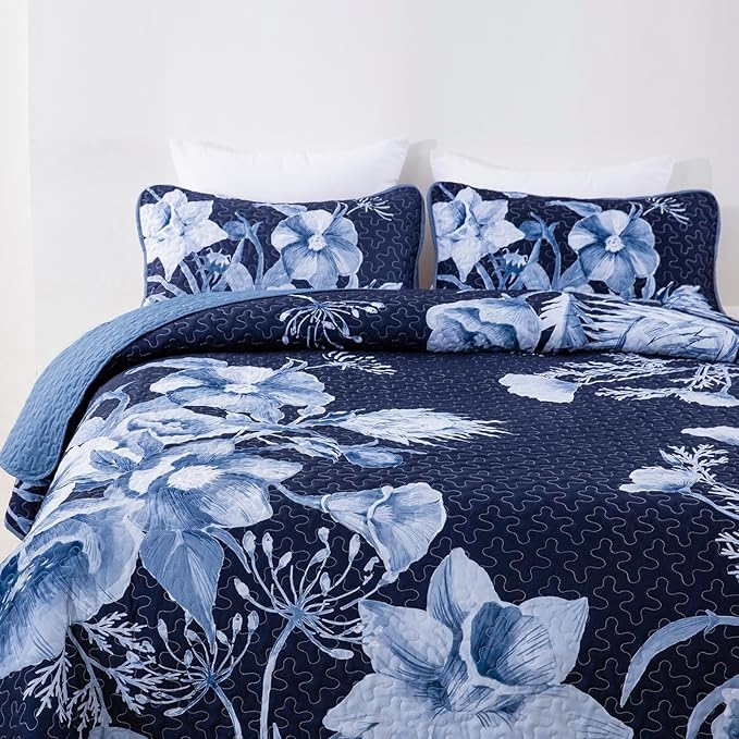 Floral Quilt Set King 3 Pieces Navy Blue Floral Quilt Coverlet Set Soft Microfiber Lightweight Navy Blue Quilted Bedspread for All Season 104"x90"