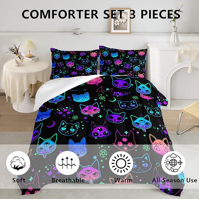 Axolotl Cat Comforter Set King,Kawaii Gradient Cat Bedding with 1 Comforter 2 Pillowcases,Colorful Neon Cats Animal Bed Set,Moon Stars Bedding for Kids Boys Girls Teens Adults Room Decor All Season,