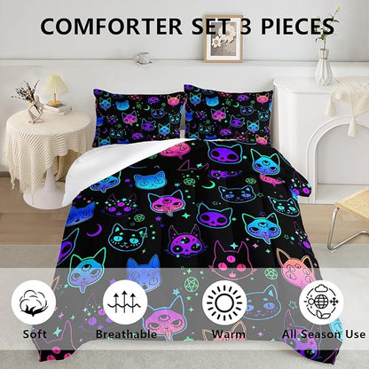 Axolotl Cat Comforter Set King,Kawaii Gradient Cat Bedding with 1 Comforter 2 Pillowcases,Colorful Neon Cats Animal Bed Set,Moon Stars Bedding for Kids Boys Girls Teens Adults Room Decor All Season,
