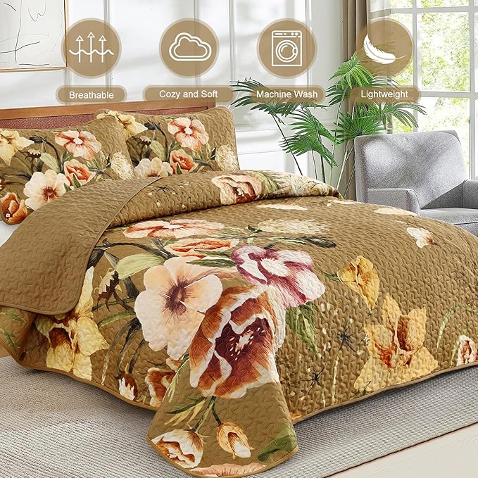 Drucon Brown Floral Quilt Set Queen Size 3 Pieces Brown Botanical Flower Quilt Coverlet Set Soft Microfiber Lightweight Quilted Bedspread for All Season 90"x96"