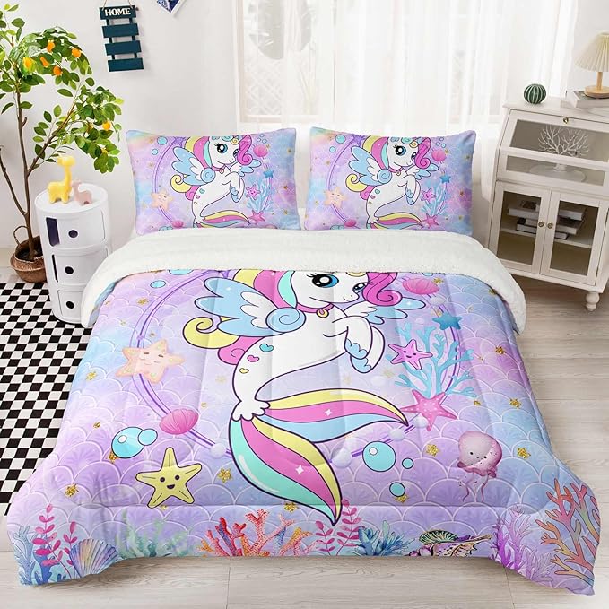 QOOMO Unicorn Sherpa Comforter Set for Girls, Marine Life Soft All Season Down Alternative Bedding Sets, Ultra-Soft Sherpa Full/Queen Comforter Set 3 Piece (1 Comforter and 2 Pillow Shams)