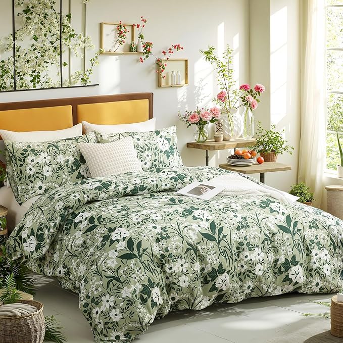 Green Floral Duvet Cover King 100% Cotton Decorative Emerald Duvet Cover 3 Pcs Set Dark Green Botanical Duvet Cover with Zipper Ties 2 Pillowcases Tropical Floral Bedding