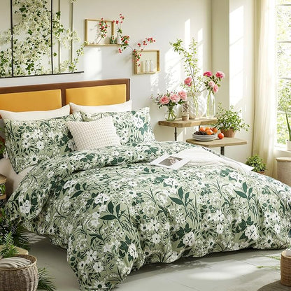 Green Floral Duvet Cover Queen 100% Cotton Decorative Emerald Comforter Cover 3 Pcs Set Dark Green Botanical Duvet Cover with Zipper Ties 2 Pillowcases Tropical Floral Bedding