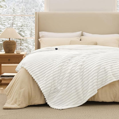 Bedsure Electric Blanket Twin - Thick Striped Flannel Electric Blanket, Heating with 10 Time Settings, 6 Heat Settings, and 8-Hour Timer Auto Shut Off, Gift for Grandma (62x84 inches, White)