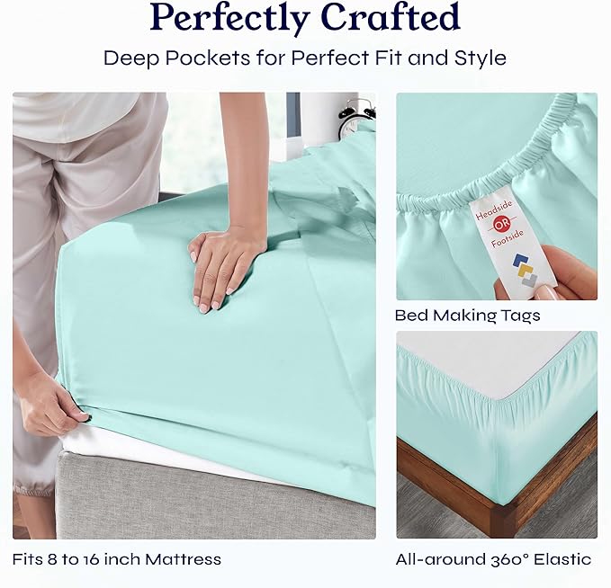 California Design Den Natural 100% Cotton Sheets, Soft Queen Sheet Set, 400 Thread Count Sateen, Deep Pockets with All-Around Elastic for a Snug Fit, Durable Bedding Set - Seafoam