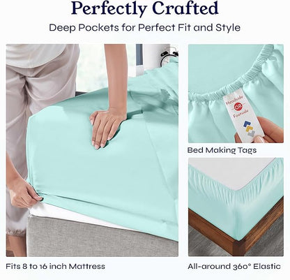 California Design Den Natural 100% Cotton Sheets, Soft Queen Sheet Set, 400 Thread Count Sateen, Deep Pockets with All-Around Elastic for a Snug Fit, Durable Bedding Set - Seafoam