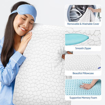 Memory Foam Pillows for Sleeping, Bed Pillow with Removable and Machine Washable Cover, Bed Pillow for Side, Back and Stomach Sleepers, Standard Size (2 Pack)