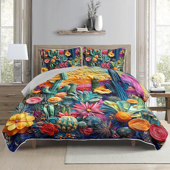 AILONEN Western Cactus Quilt Set Full Size,Colorful Cactus Botanical Bedspread Coverlet for Boys Girls,Lightweight,3Pcs Retro Floral Succulent Plant Quilt & 2 Pillowcases