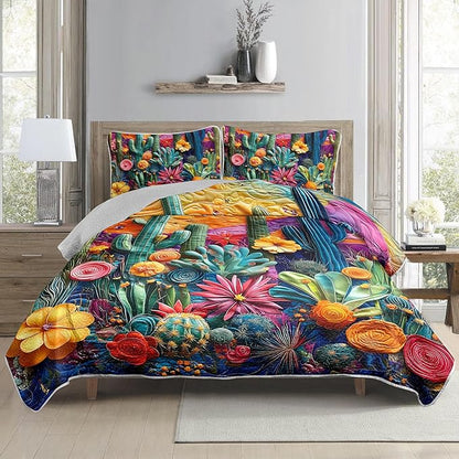 AILONEN Western Cactus Quilt Set Full Size,Colorful Cactus Botanical Bedspread Coverlet for Boys Girls,Lightweight,3Pcs Retro Floral Succulent Plant Quilt & 2 Pillowcases