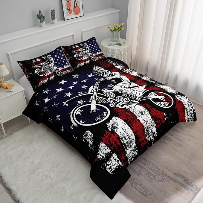 Axolotl Dirt Bike Comforter Set King,American Flag Bedding Set,Motocross Comforter for Boys,White Red Stripes Stars Comforter,Motorcycle Racer Bedding for Kids Teens Men,1 Quilt 2 Pillowcases